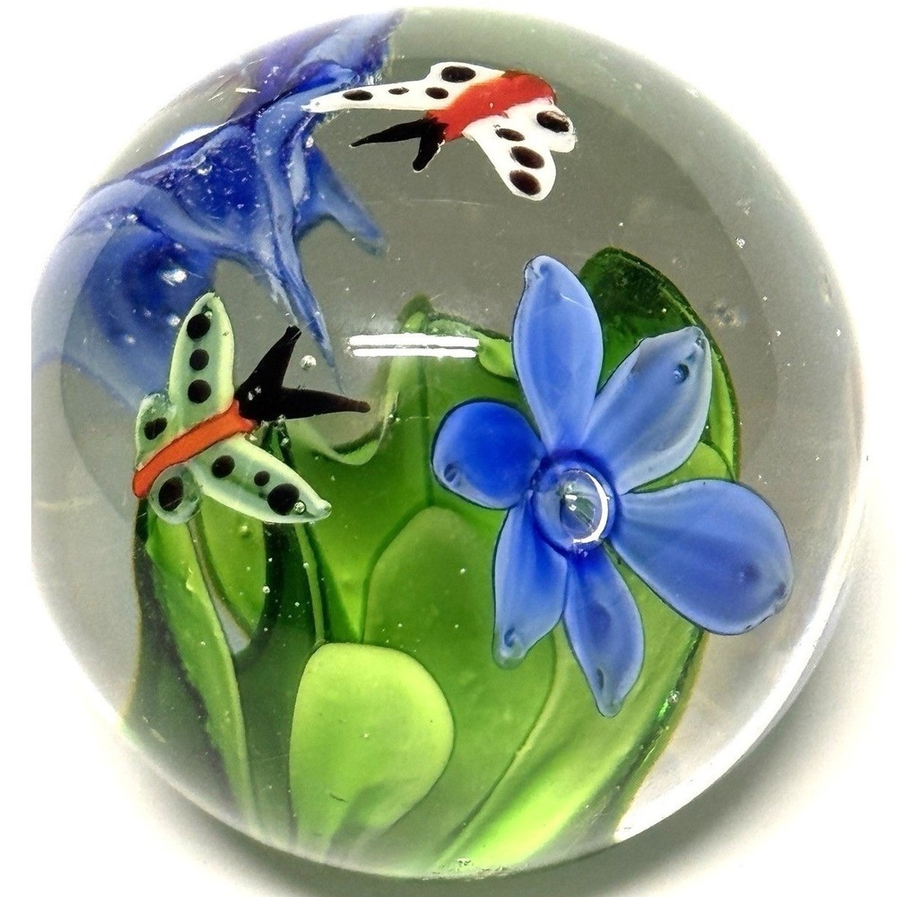 Vintage Murano Style Art Glass Paperweight - Blue Flowers & Butterflies